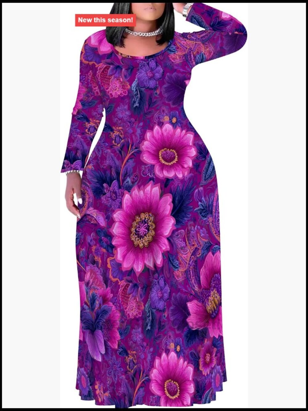 Plus Size Maxi Dress Long Sleeve Loose A-Line Casual Print Dress with Pockets